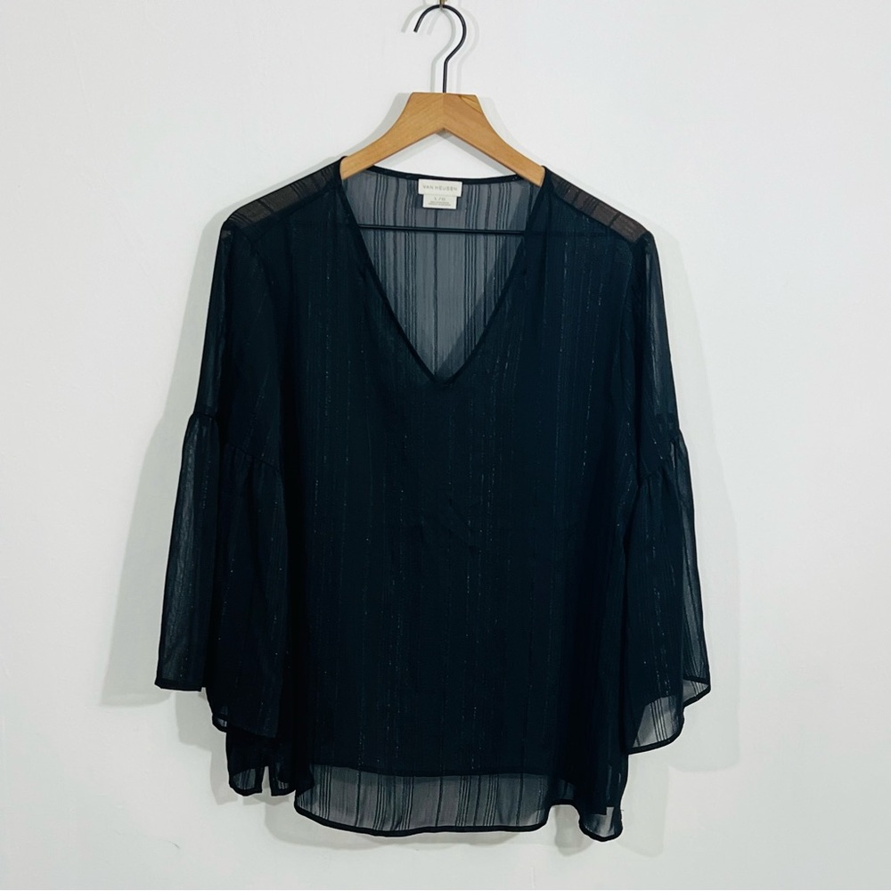 Van Heusen Gorgeous Whimsical Black Sheer Bell Sleeve Goth Witchy Magical Top L
